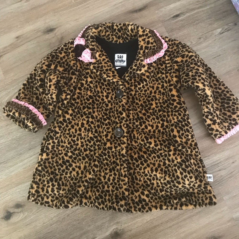 Corky & Company Girls Leopard Button Up Jacket with Pink & Brown Flower Detail